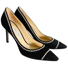 JIMMY CHOO Size 11 Black Cream Suede Faux Pearl Studded Heels Pumps