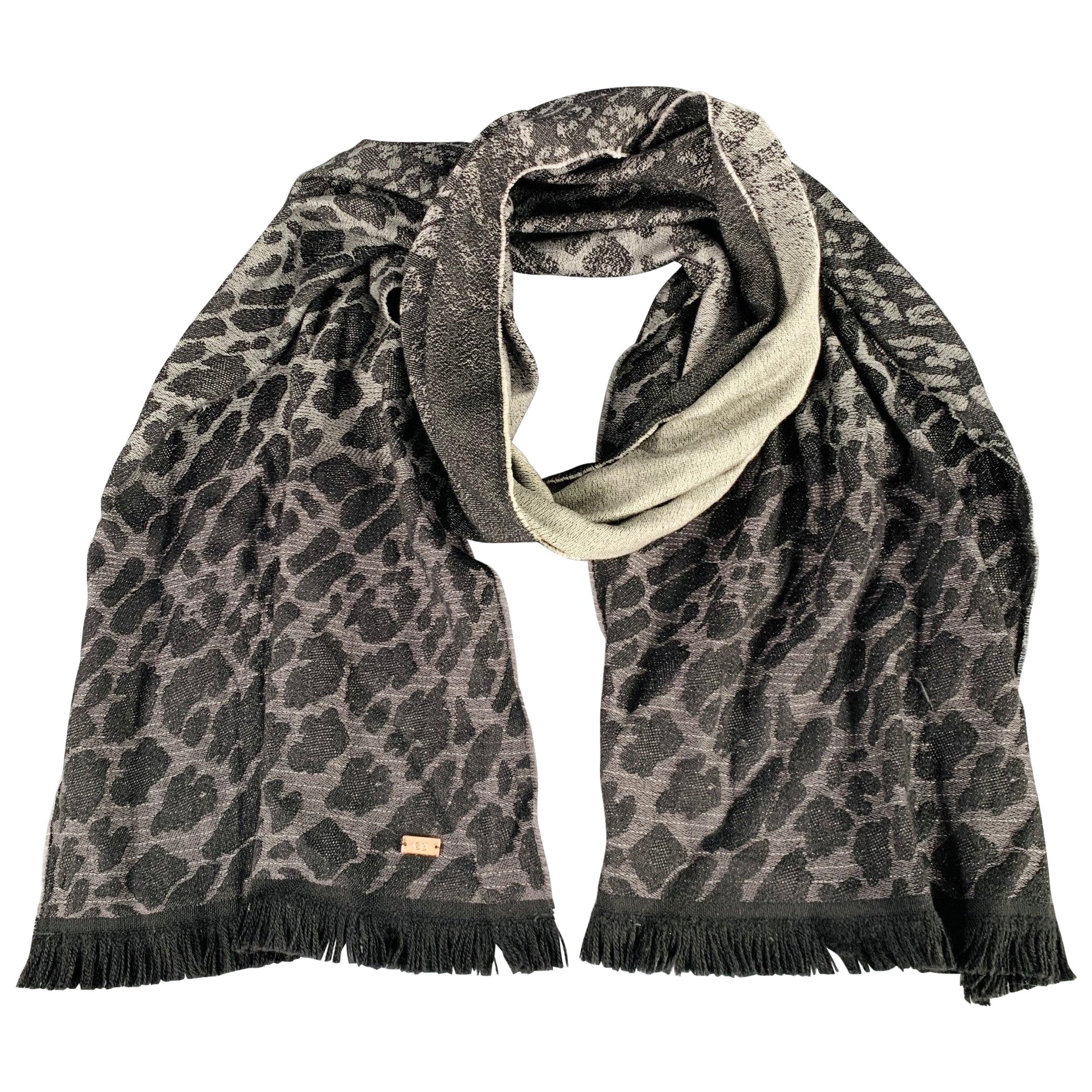 ESCADA Black Grey Animal Print Fringe Scarf For Sale
