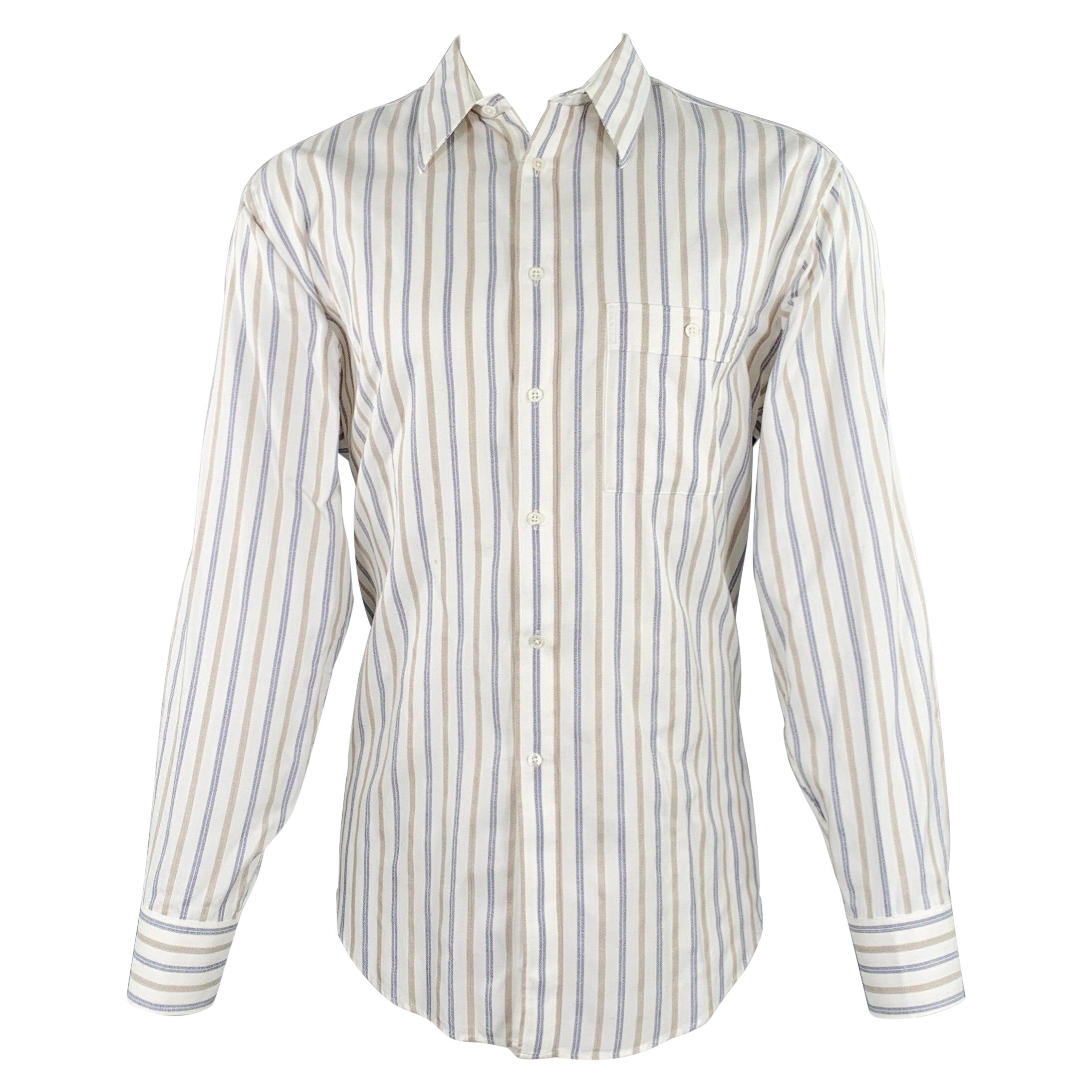 GIORGIO ARMANI Size M Off White Blue Tan Stripe One Pocket Long Sleeve Shirt For Sale