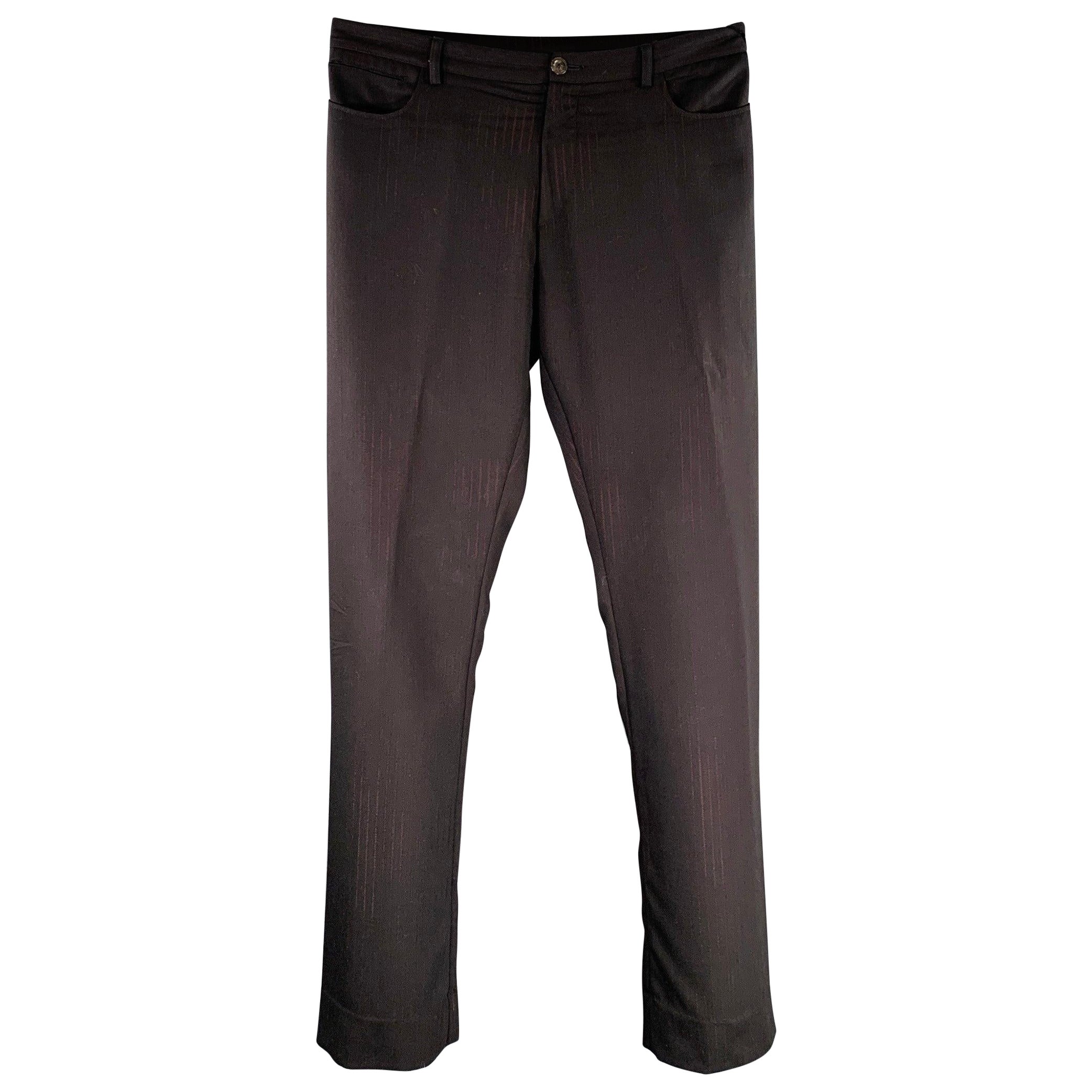 JEAN PAUL GAULTIER Size 32 Black Burgundy Stripe Wool Flat Front Dress Pants For Sale