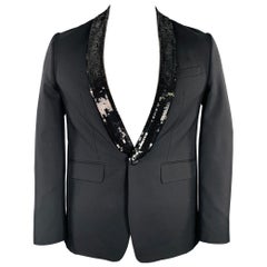 CELINE Size 40 Black Sequined Wool Mohair Shawl Collar Sport Coat