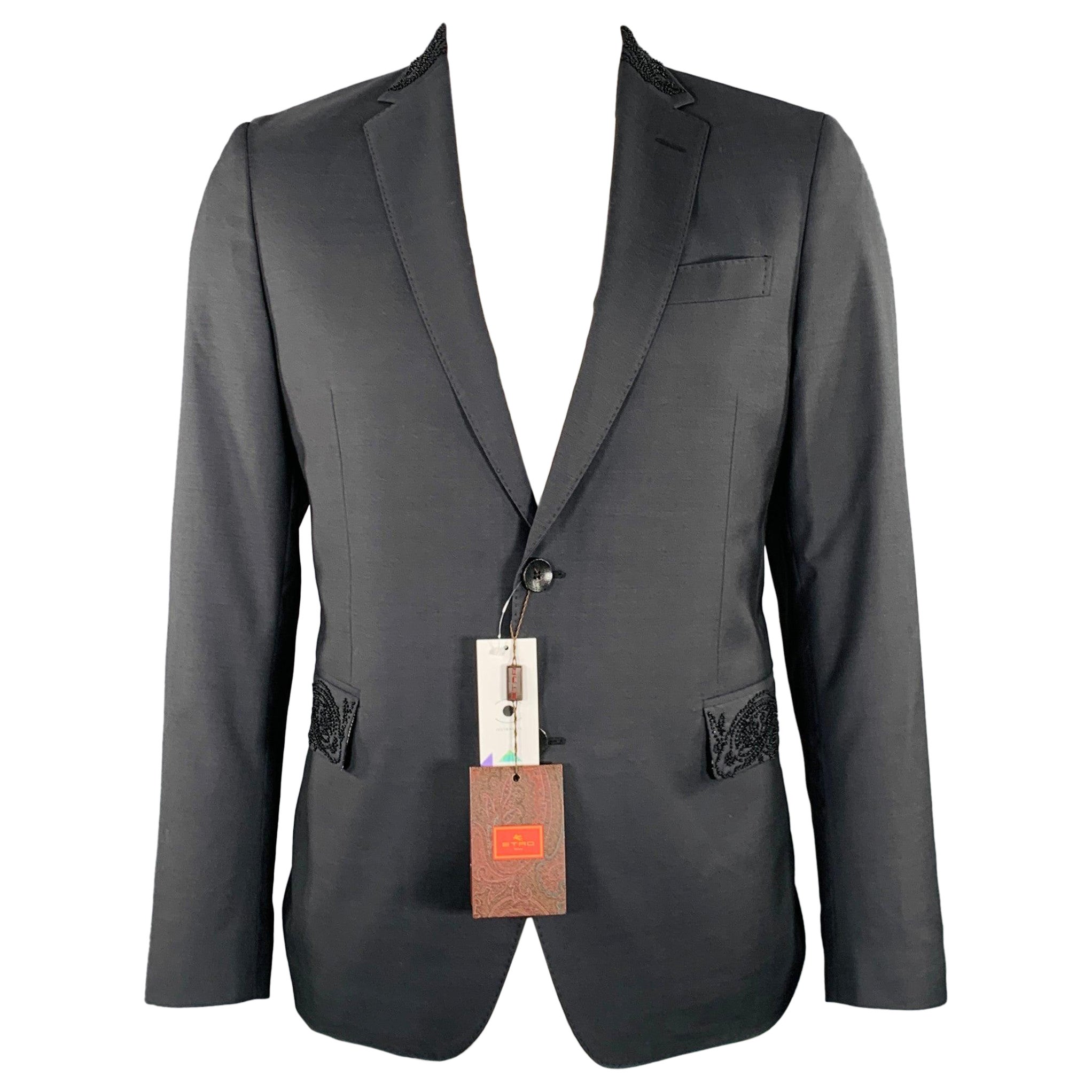 ETRO Size 42 Giacche Black Beaded Wool Notch Lapel Sport Coat For Sale