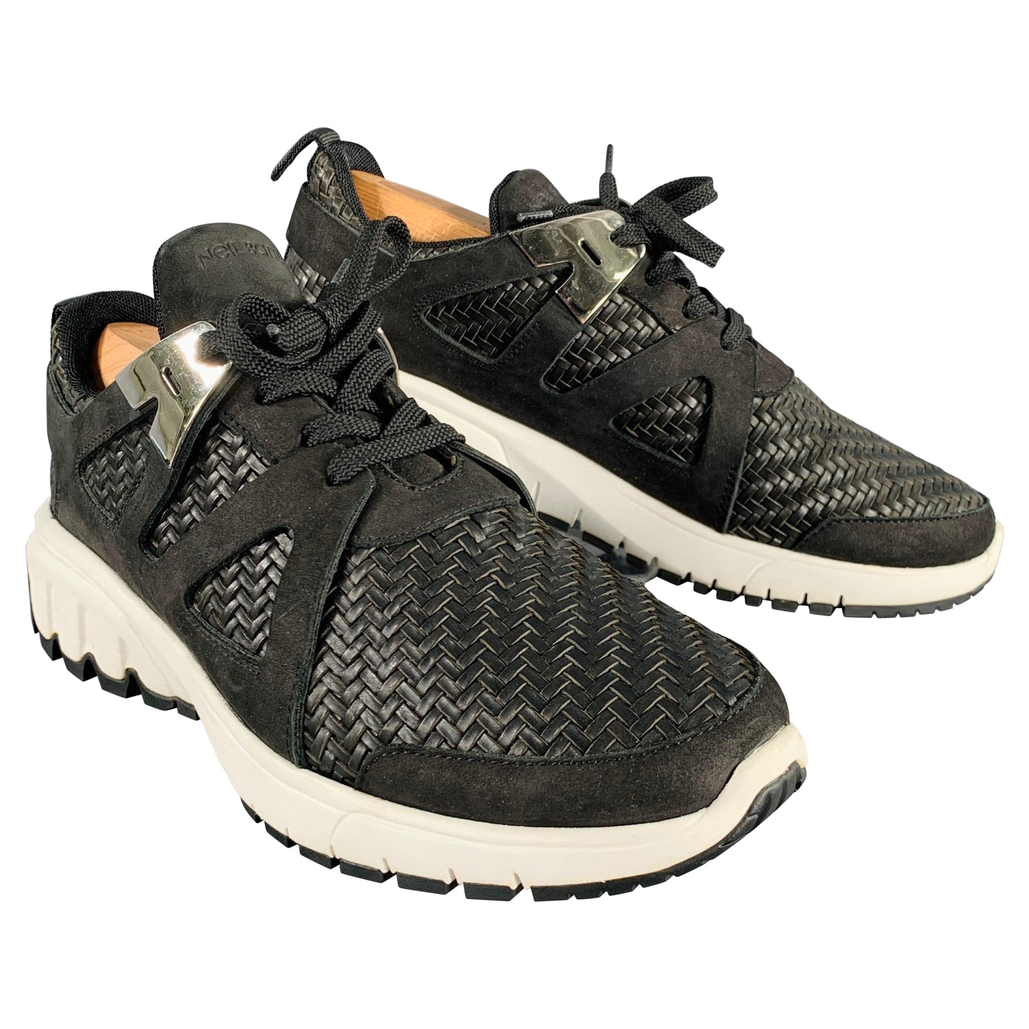 NEIL BARRETT Size 10.5 Black Silver Woven Leather Sneakers en vente