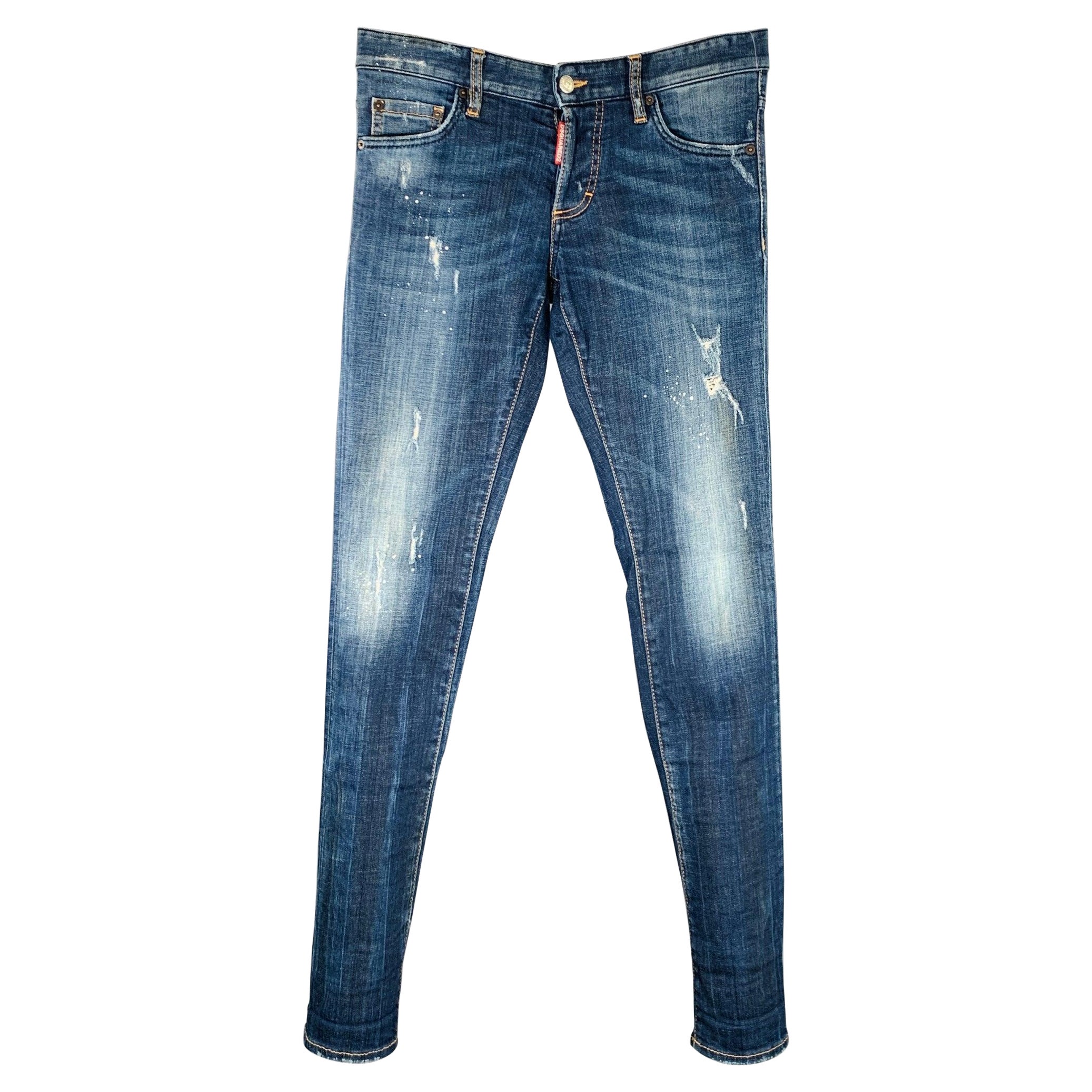 DSQUARED2 Größe 28 Blau Weiß Paint Splatter Slim Button Fly Jeans mit Knopfleiste