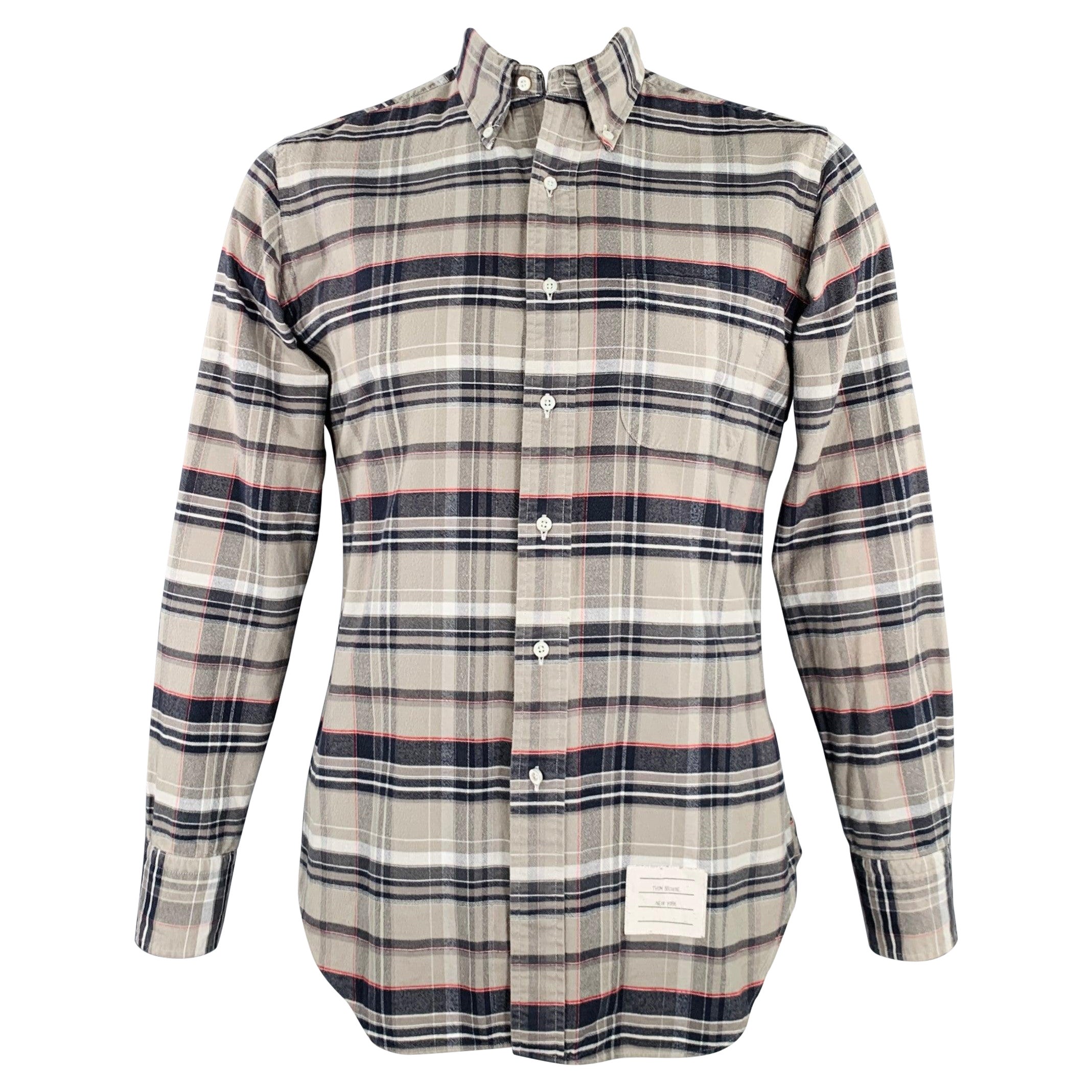 THOM BROWNE Size L Grey Taupe Plaid Cotton One pocket Long Sleeve Shirt For Sale