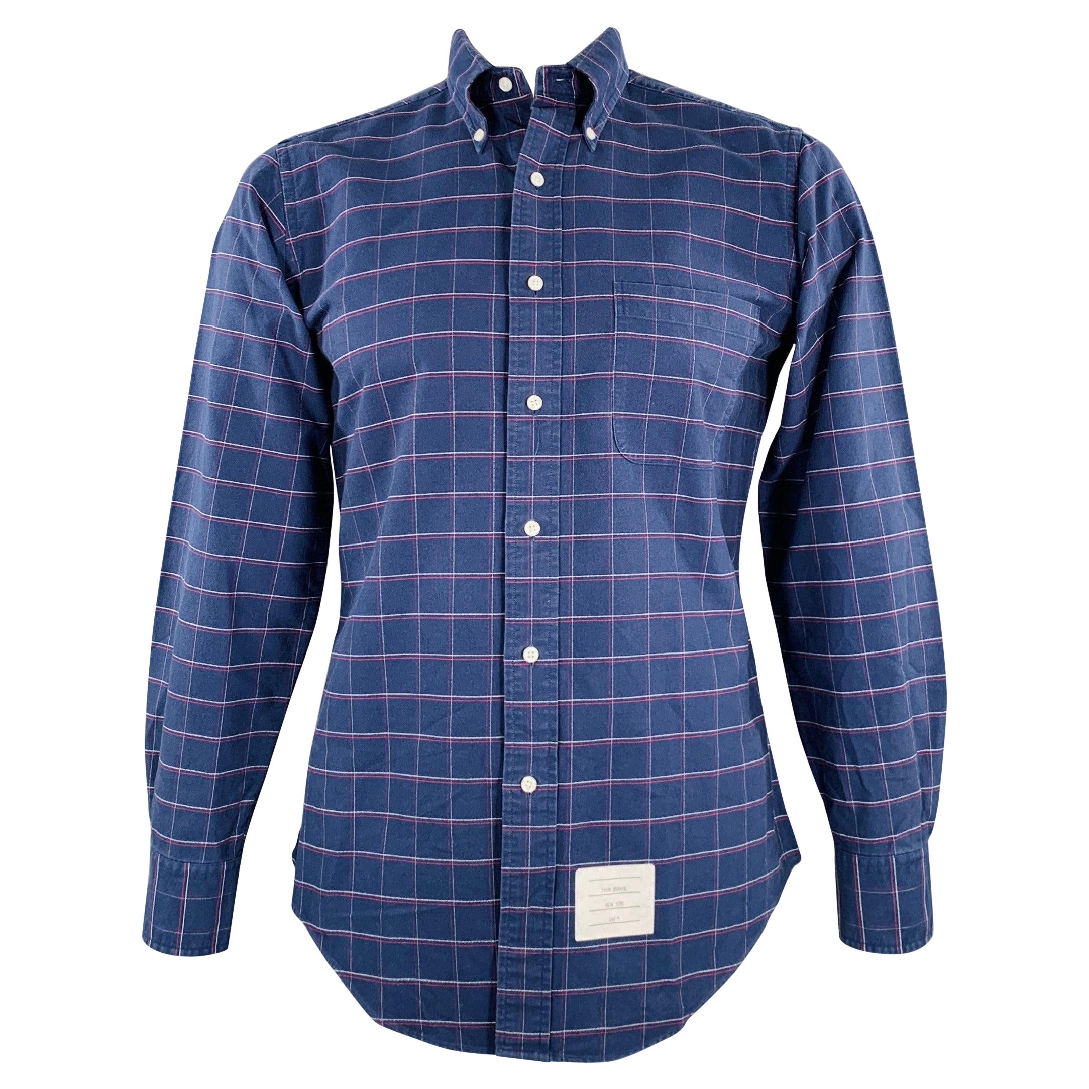 THOM BROWNE Size L Navy Red White Window Pane Cotton Long Sleeve Shirt For Sale