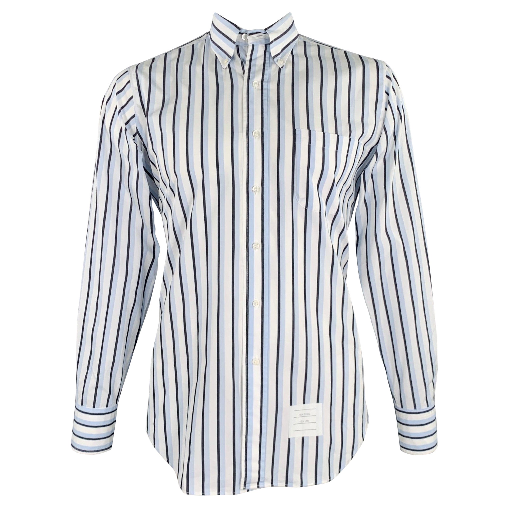 THOM BROWNE Size L White Black Blue Stripe Cotton One Pocket Long Sleeve Shirt For Sale