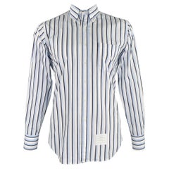 THOM BROWNE Taglia L Camicia a maniche lunghe in cotone a righe bianche, nere e blu, con una tasca.