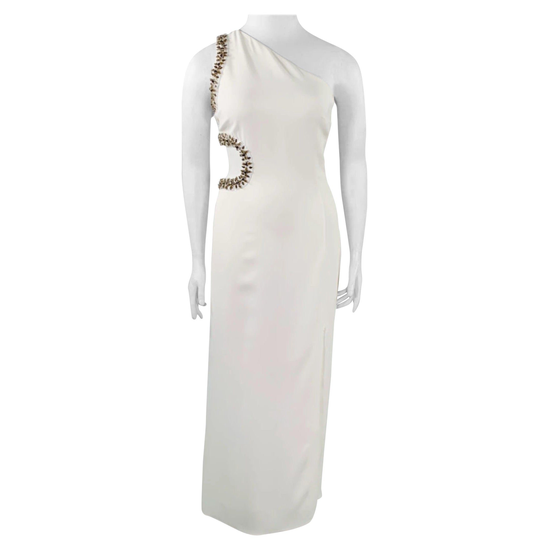 ROBERTO CAVALLI Size 12 Cream Viscose Blend Rhinestones Evening Gown For Sale