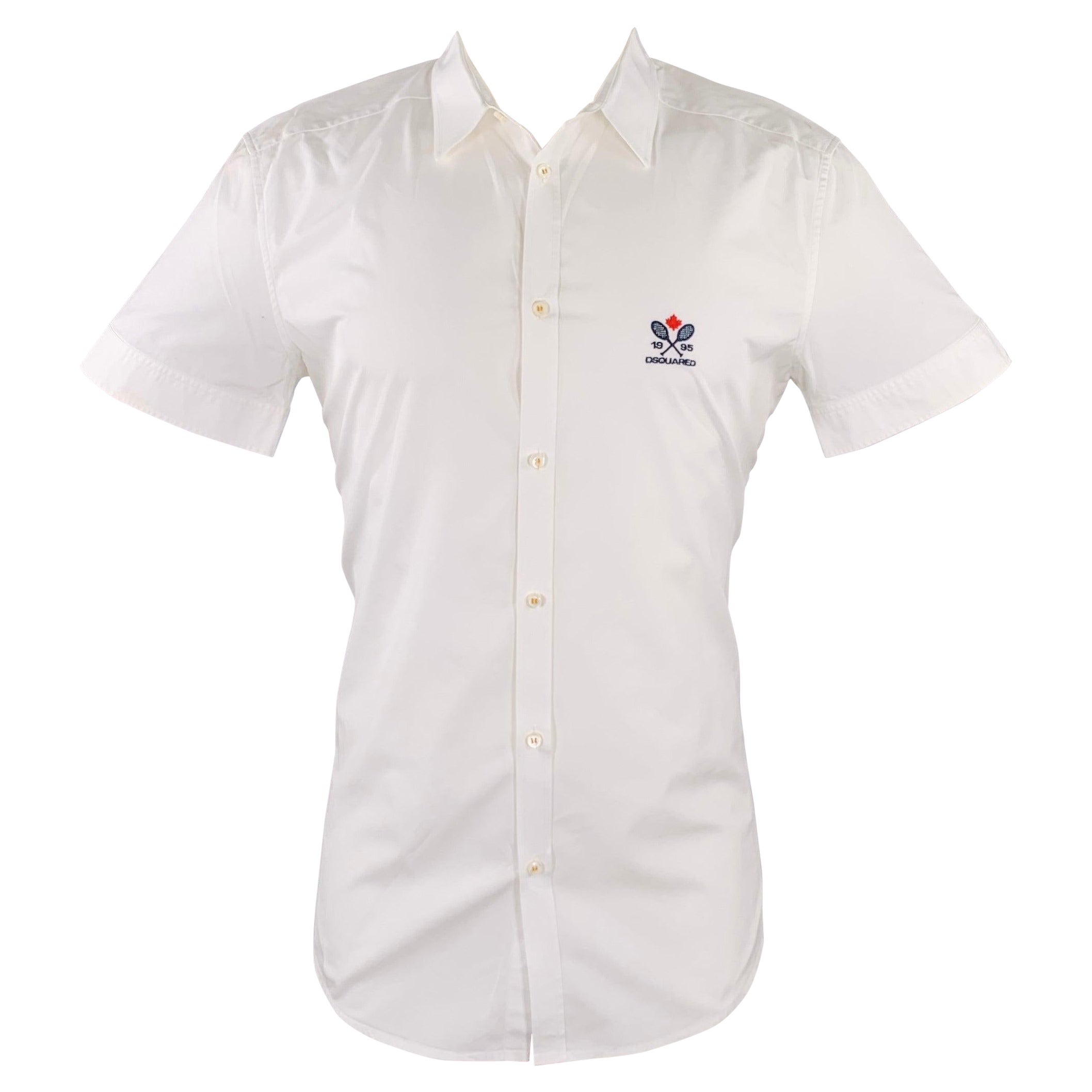 DSQUARED2 Size M White Navy Embroidery Cotton Short Sleeve Shirt For Sale