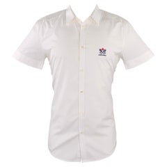 DSQUARED2 Size M White Navy Embroidery Cotton Short Sleeve Shirt