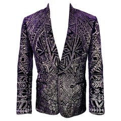 Emilio Pucci Taglia 38 Viola Argento Ricamo Geometrico Velluto Scialle Cappotto Sportivo