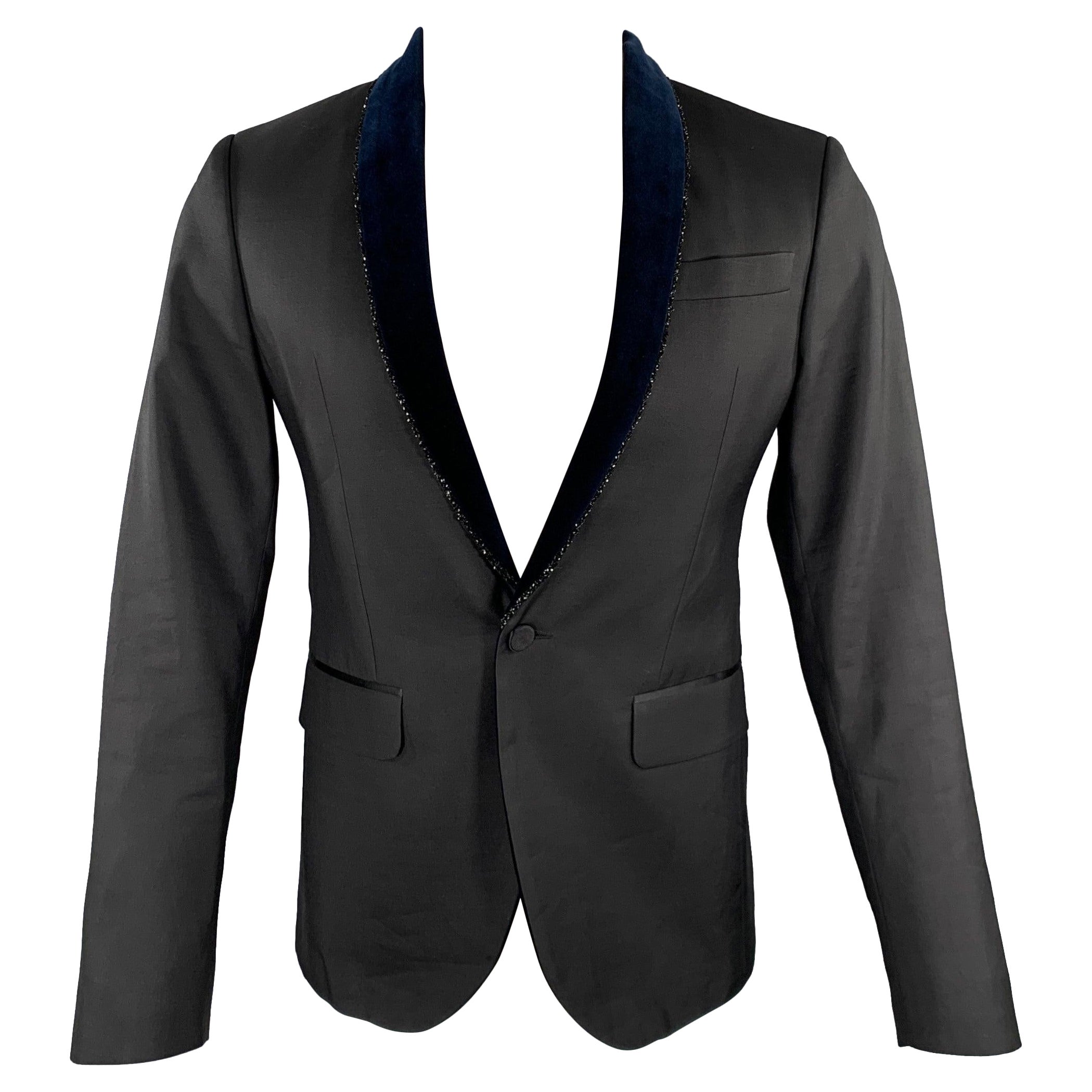 DSQUARED2 Size 38 Black Navy Wool Silk Shawl Collar Sport Coat For Sale