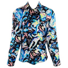 MARNI Size 40 Flaminia Veronesi Blue Black Print Silk Button Up Long Sleeve Shirt