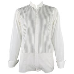 Brioni Size L White Black Pleated Cotton Tuxedo Long Sleeve Shirt
