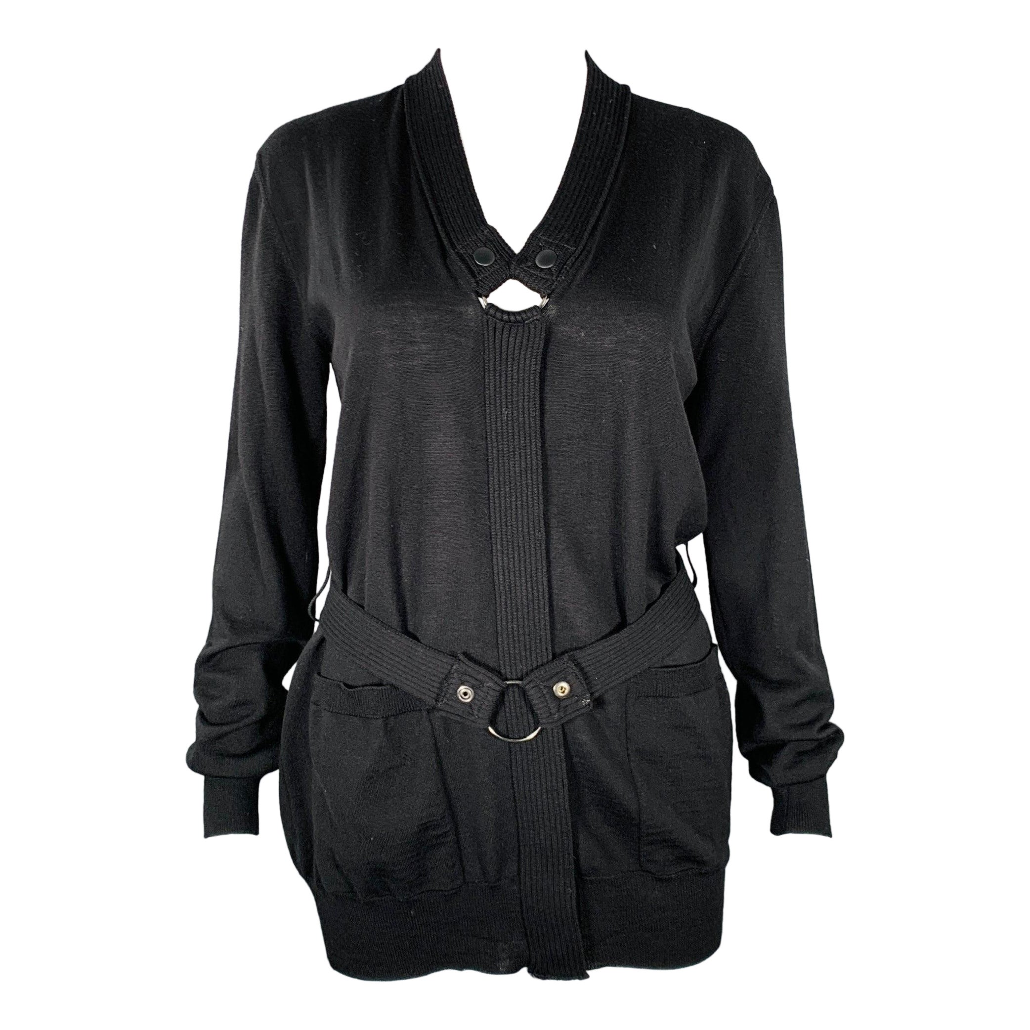 JEAN PAUL GAULTIER Size M Black Knit V-Neck Belted Pullover For Sale