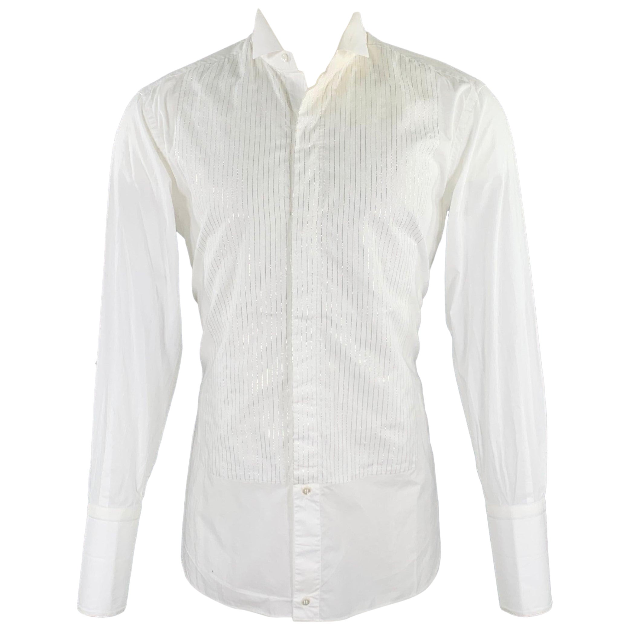 BRIONI Size M White Silver Stripe Cotton Tuxedo Formal Long Sleeve Shirt For Sale