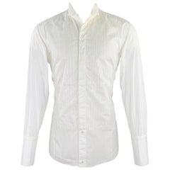 Brioni Taglia M Camicia formale a maniche lunghe in cotone a righe bianche e argento Tuxedo