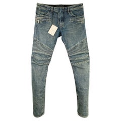 BALMAIN Size 32 Blue Cotton Motorcycle Jeans