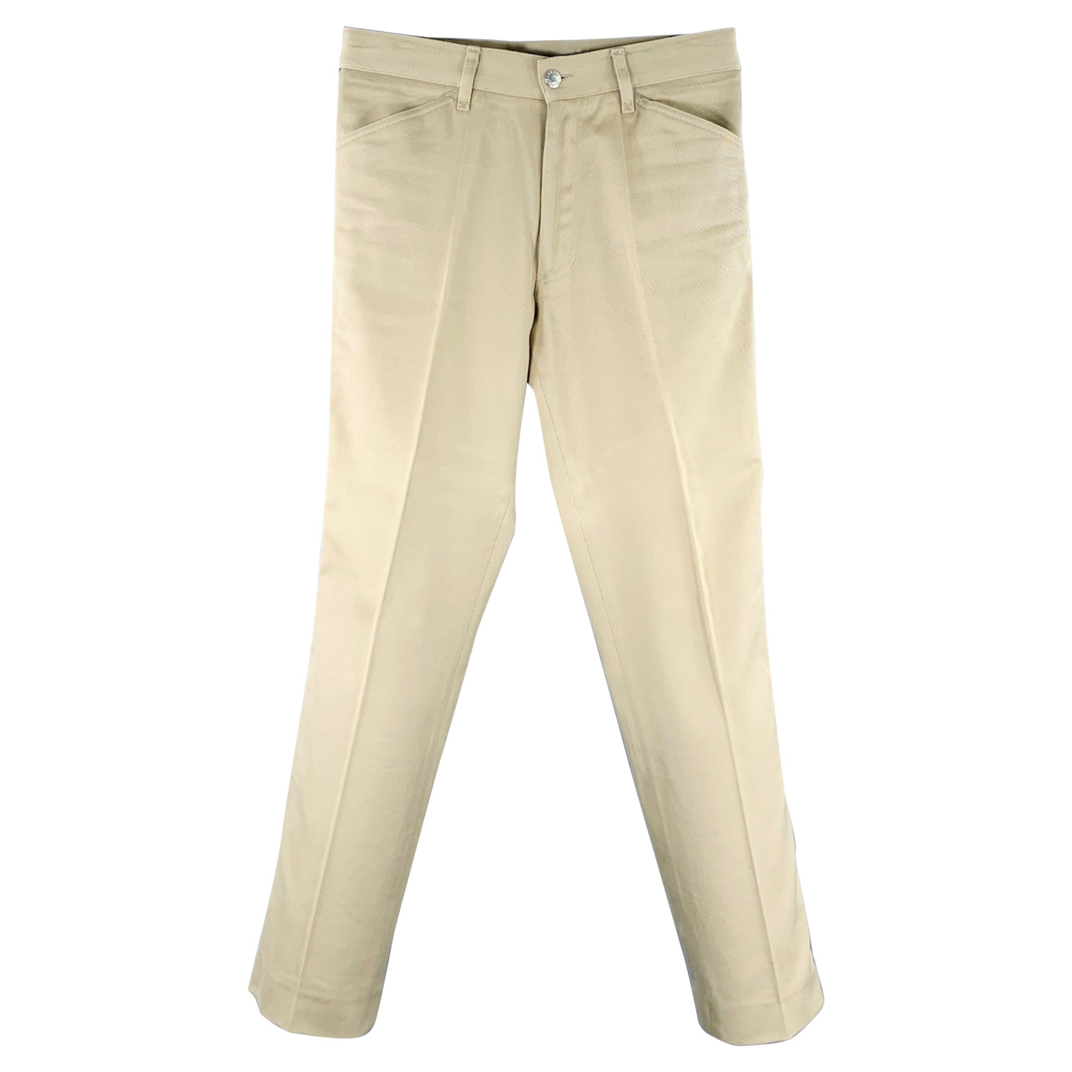 DOLCE & GABBANA Size 30 Tan Blue Black Twill Cotton Striped Trim Casual Pants For Sale