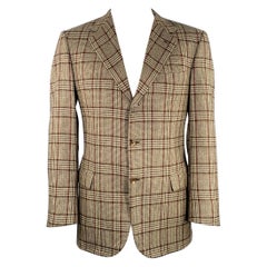 Brioni Taille 42 Long manteau de sport en cachemire Taupe Noir Rouge Glenplaid