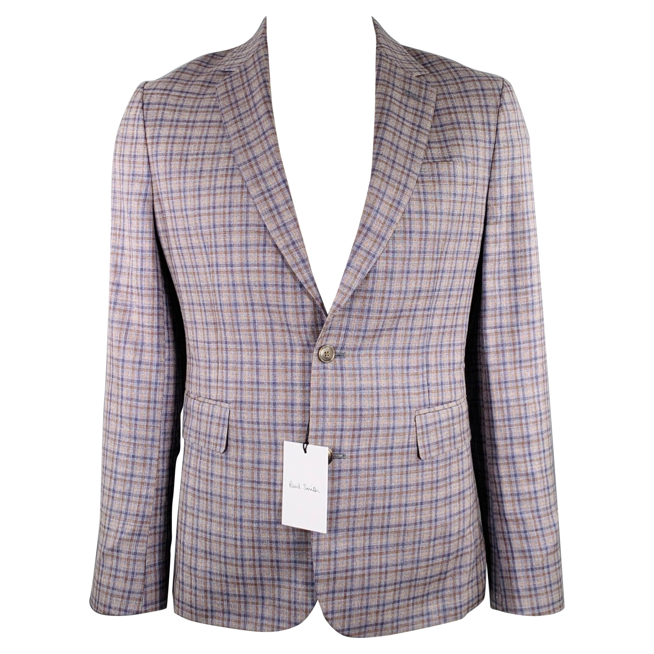 Paul Smith taglia 42, cappotto sportivo in lana e lino a quadri, grigio, marrone e marina.