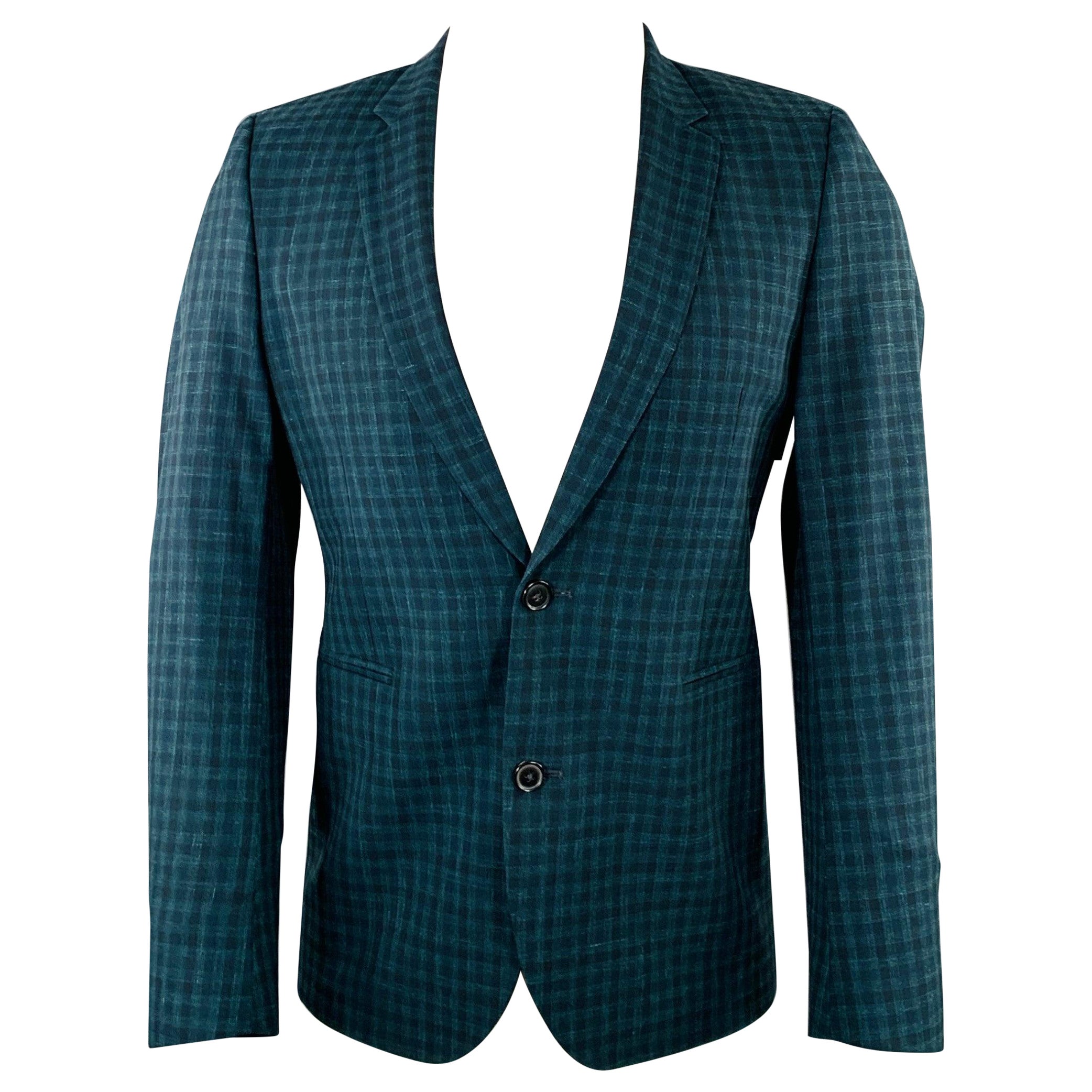 PAUL SMITH Size 36 Green Navy Checkered Wool Linen Sport Coat For Sale