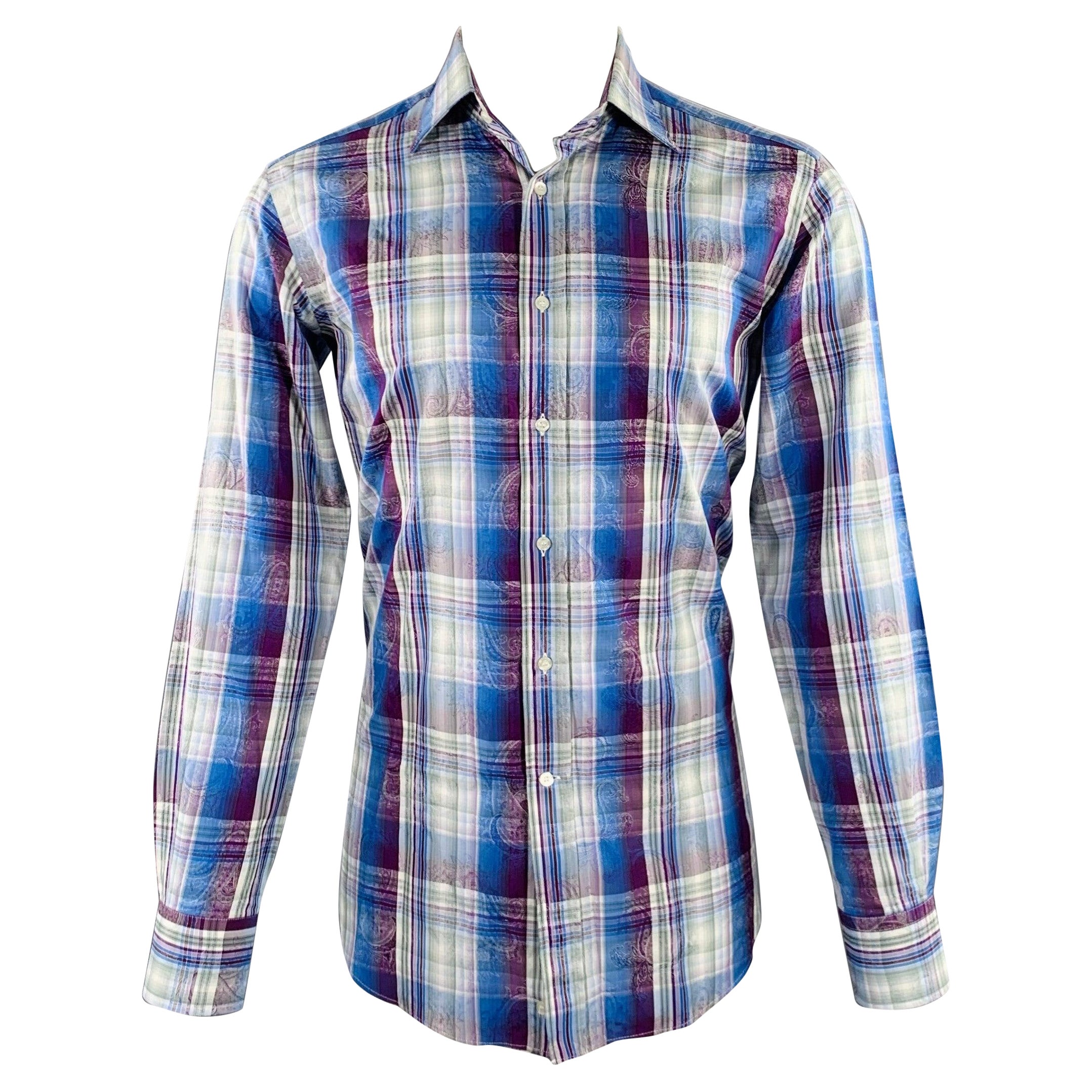 ETRO Taglia M Blu Viola Plaid Cotone Button Up Camicia Manica Lunga