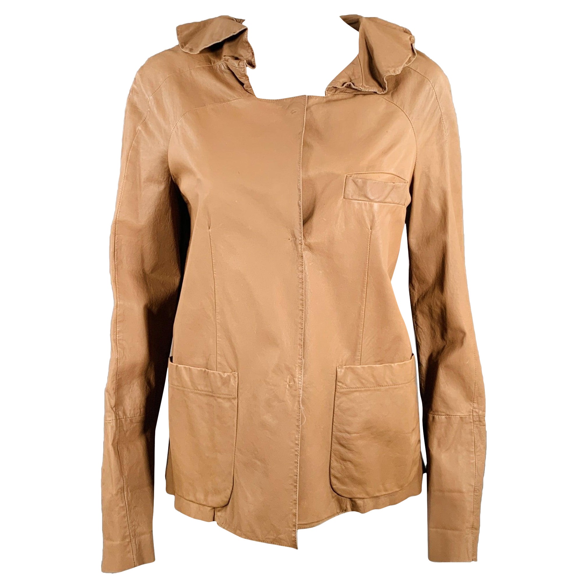 MARNI Size 4 Brown Leather Calfskin Snaps Jacket Blazer For Sale