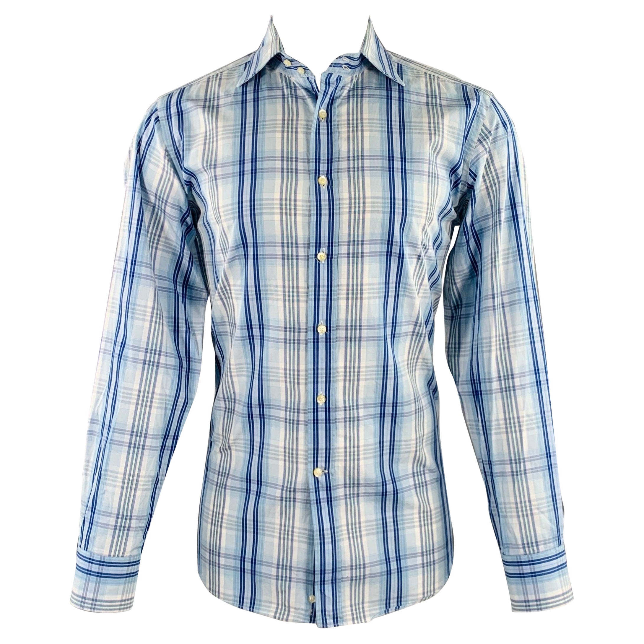 ETRO Size M Blue White Plaid Cotton Button Up Long Sleeve Shirt For Sale
