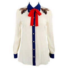 GUCCI Size 2 Cream Red Blue Silk Embellishment Pussybow Honeybees Blouse