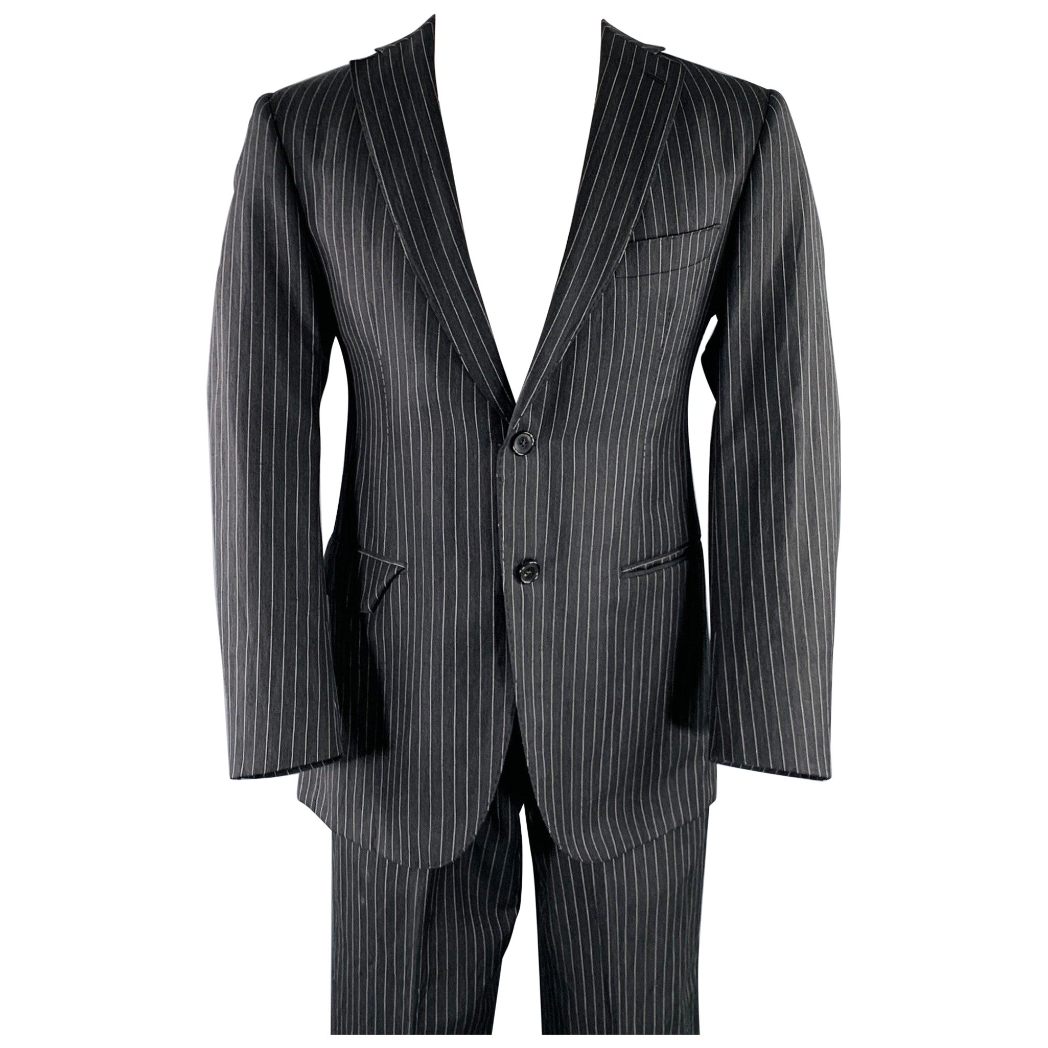BELVEST Size 40 Grey White Pinstripe Wool Linen Single Breasted Suit For Sale