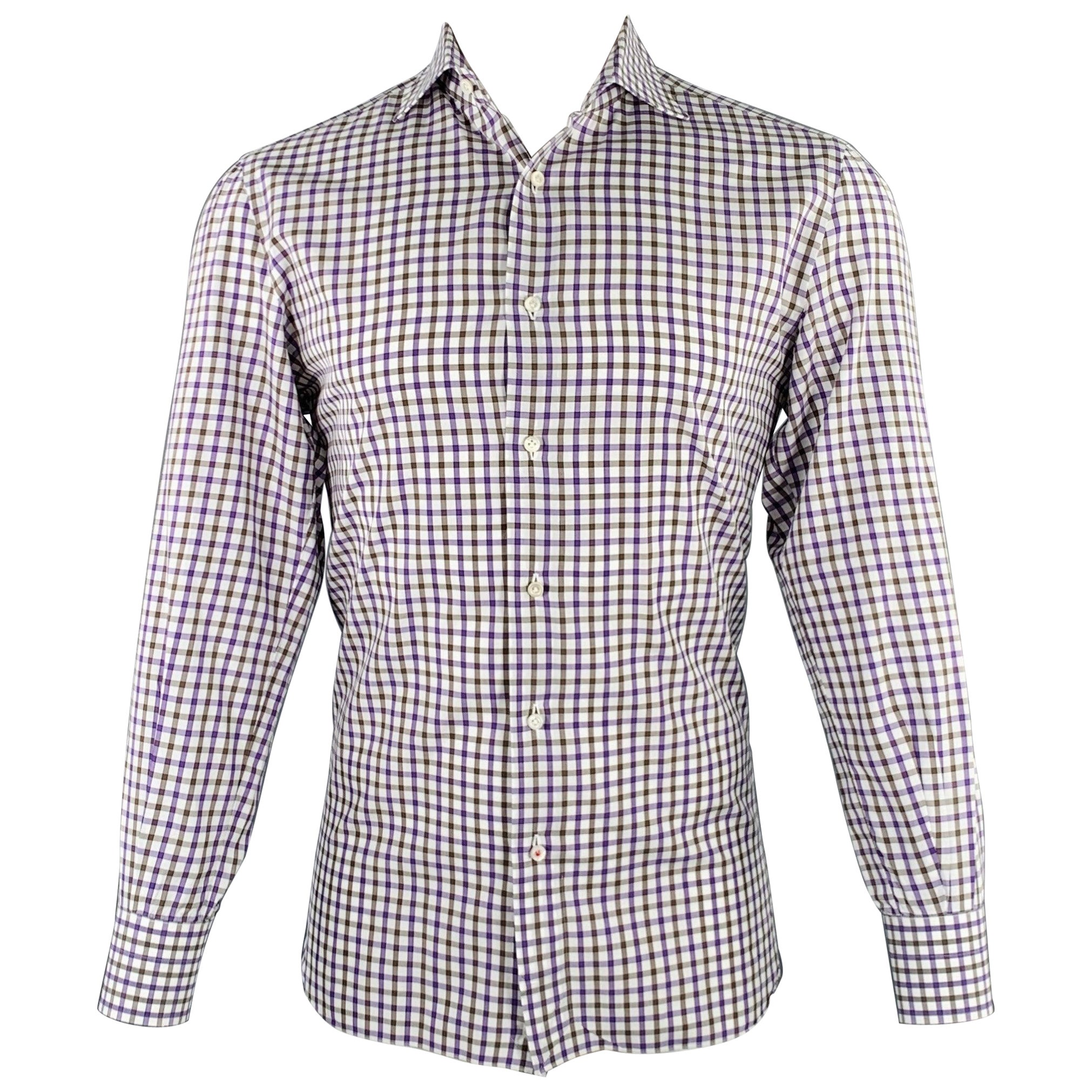 ISAIA Size M White Purple Brown Checkered Cotton Long Sleeve Shirt For Sale