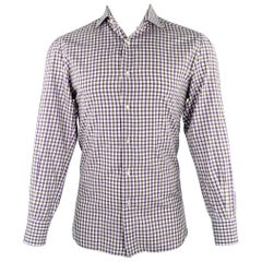 ISAIA Size M White Purple Brown Checkered Cotton Long Sleeve Shirt
