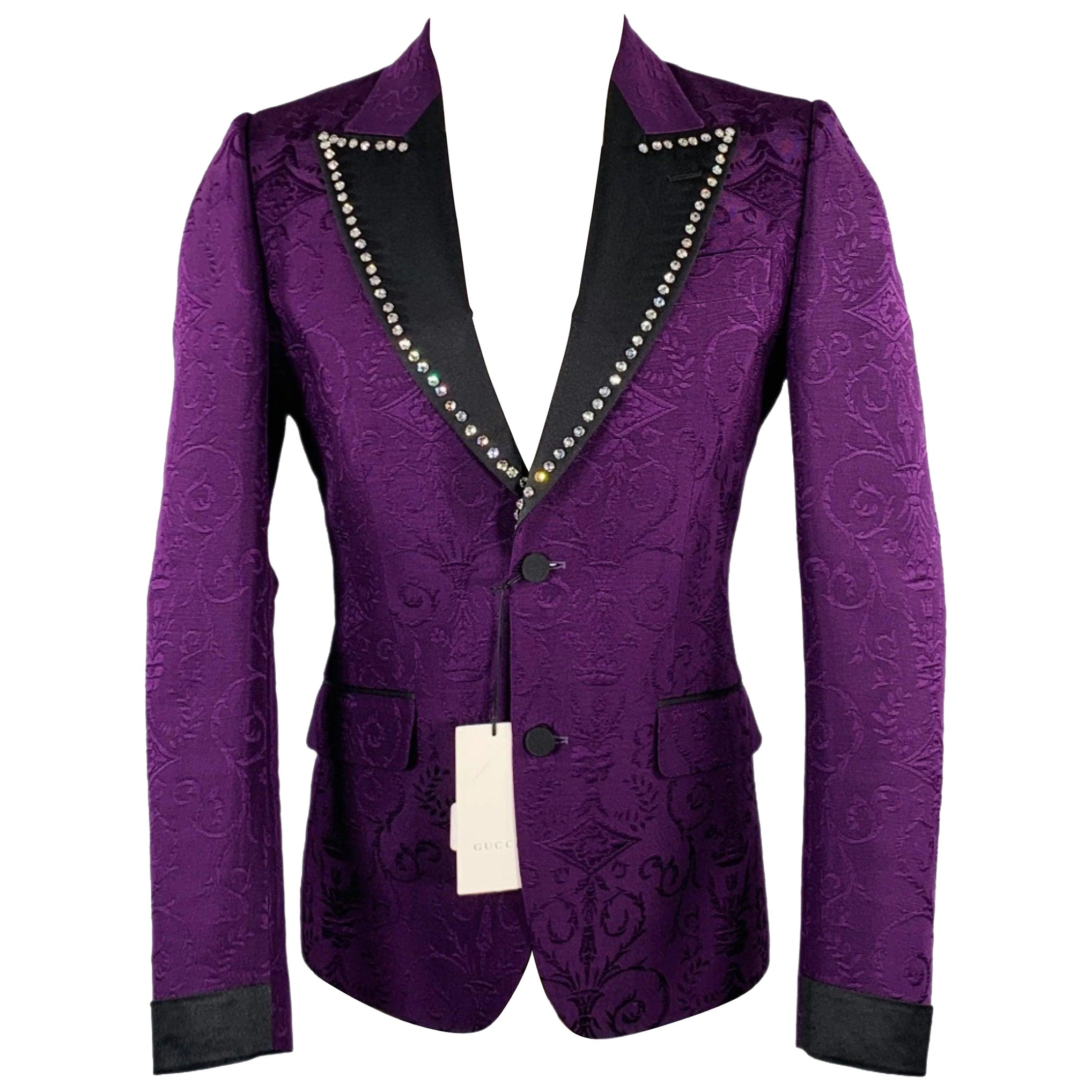 Gucci Pre-Fall 2018 Taille 36 Manteau de sport en laine et soie Jacquard violet et noir en vente