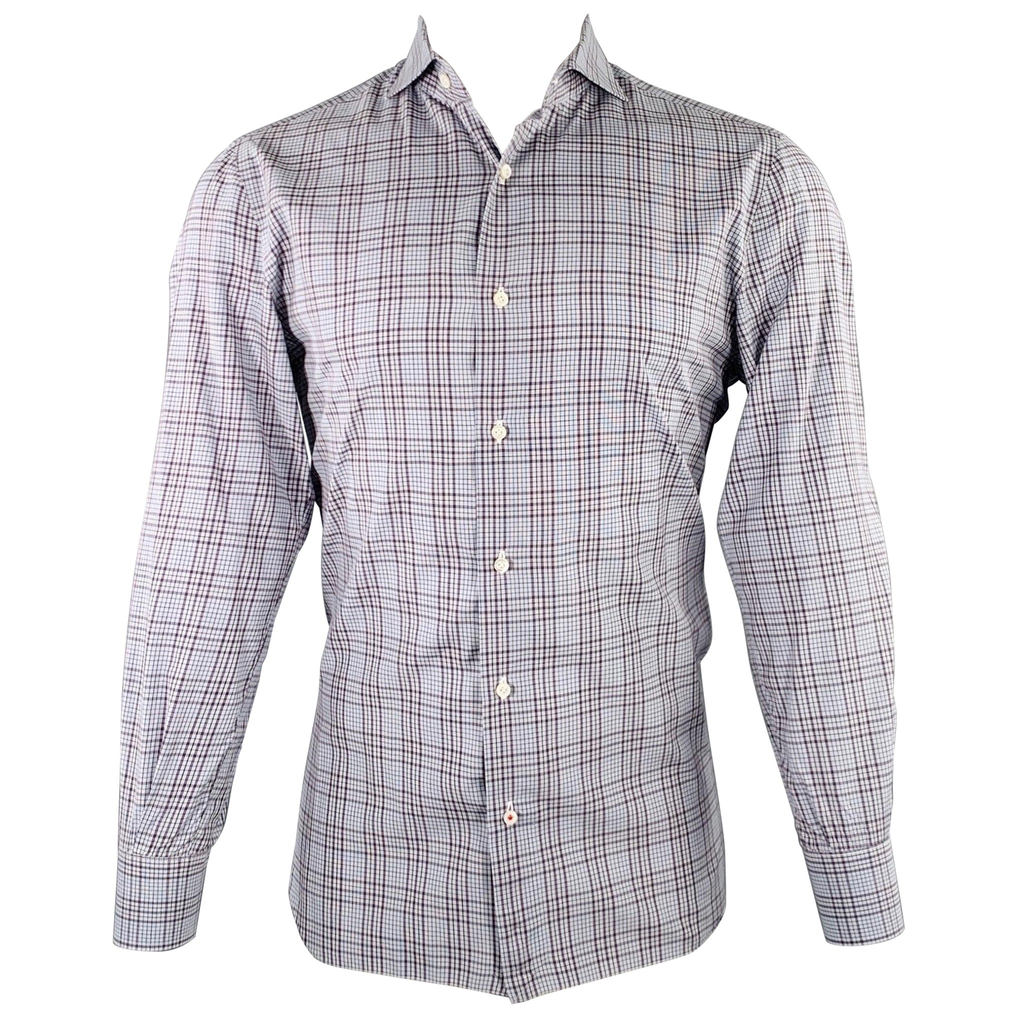 ISAIA Size M Grey White Purple Plaid Cotton Spread Collar Long Sleeve Shirt For Sale