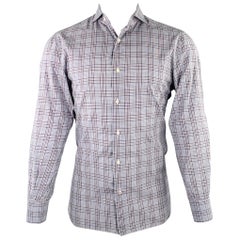 ISAIA Size M Grey White Purple Plaid Cotton Spread Collar Long Sleeve Shirt