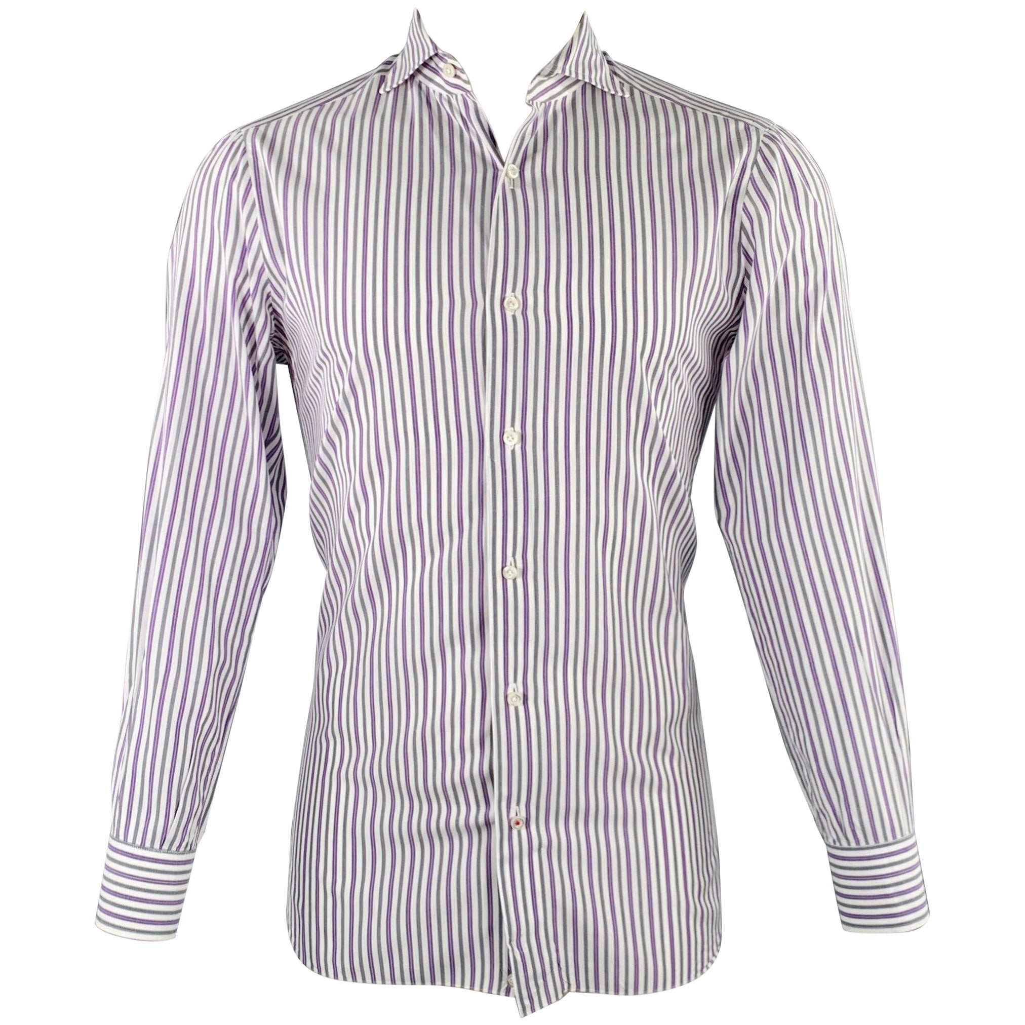 ISAIA Size M Purple White Grey Stripe Cotton Spread Collar Long Sleeve Shirt For Sale