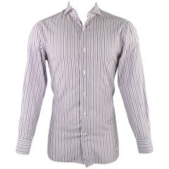 ISAIA Size M Purple White Grey Stripe Cotton Spread Collar Long Sleeve Shirt