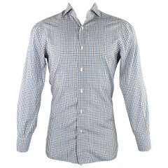 ISAIA Size M Blue White Brown Plaid Cotton Spread Collar Long Sleeve Shirt