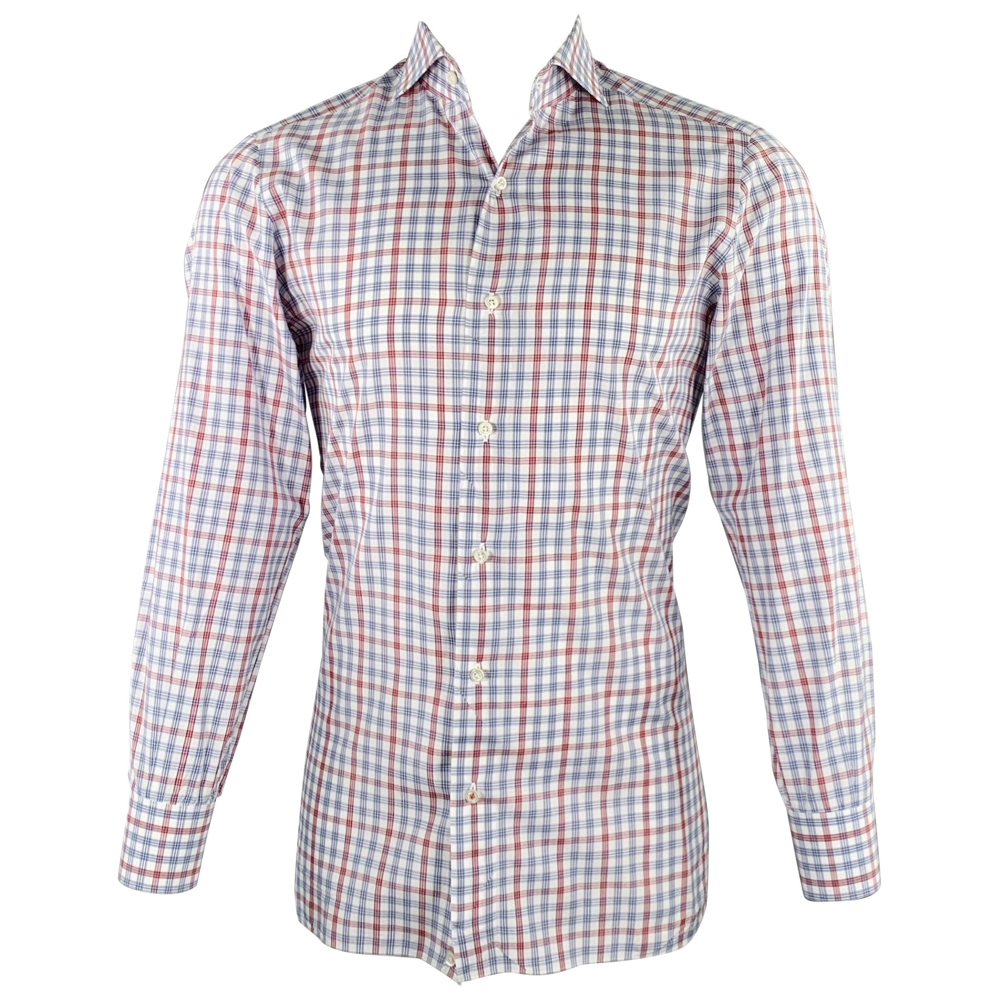 ISAIA Size M Burgundy White Blue Plaid Cotton Spread Collar Long Sleeve Shirt For Sale