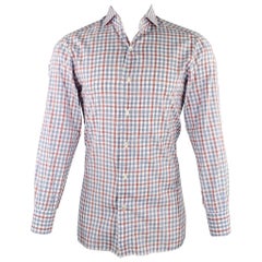 ISAIA Size M Burgundy White Blue Plaid Cotton Spread Collar Long Sleeve Shirt
