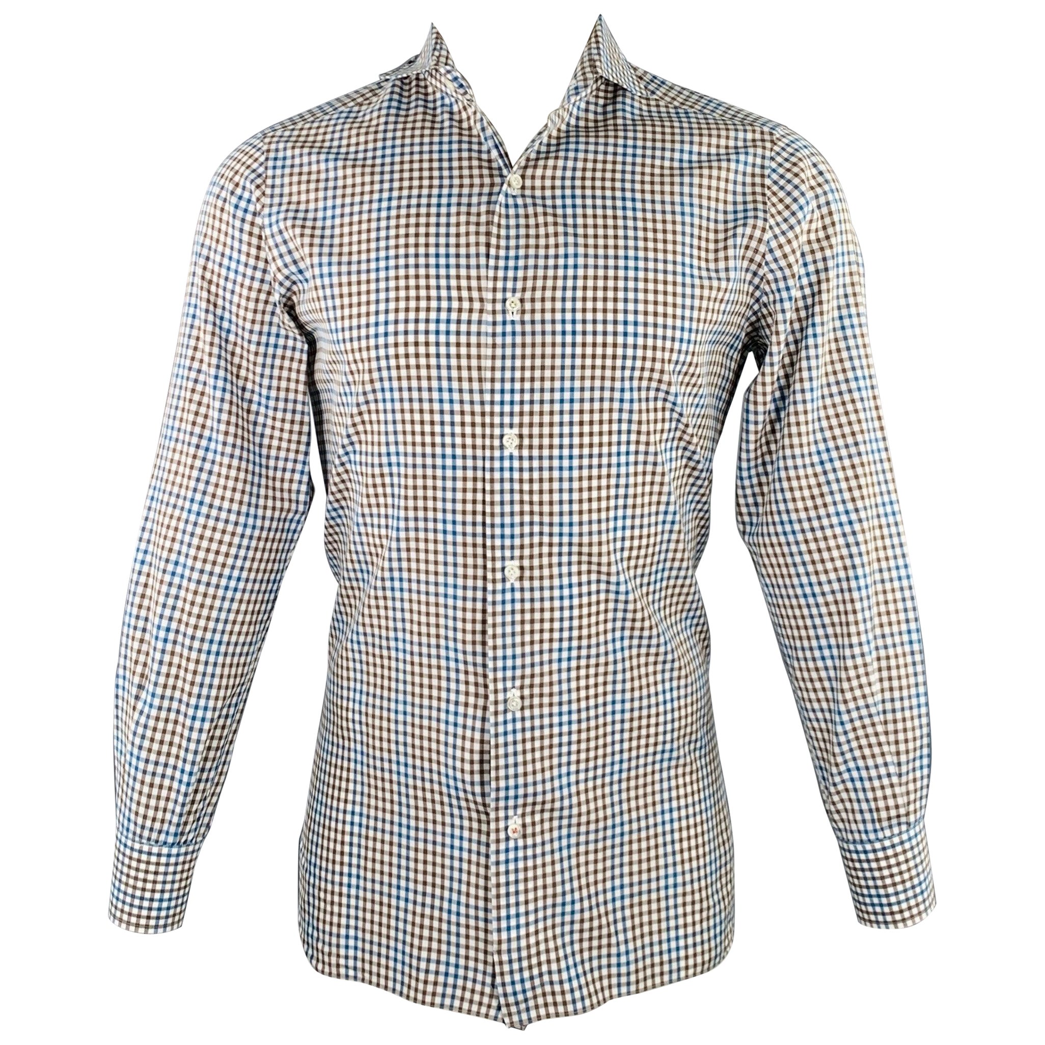 ISAIA Size M Brown White Blue Checkered Cotton Spread Collar Long Sleeve Shirt For Sale