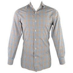 ISAIA Size M Brown White Blue Checkered Cotton Spread Collar Long Sleeve Shirt