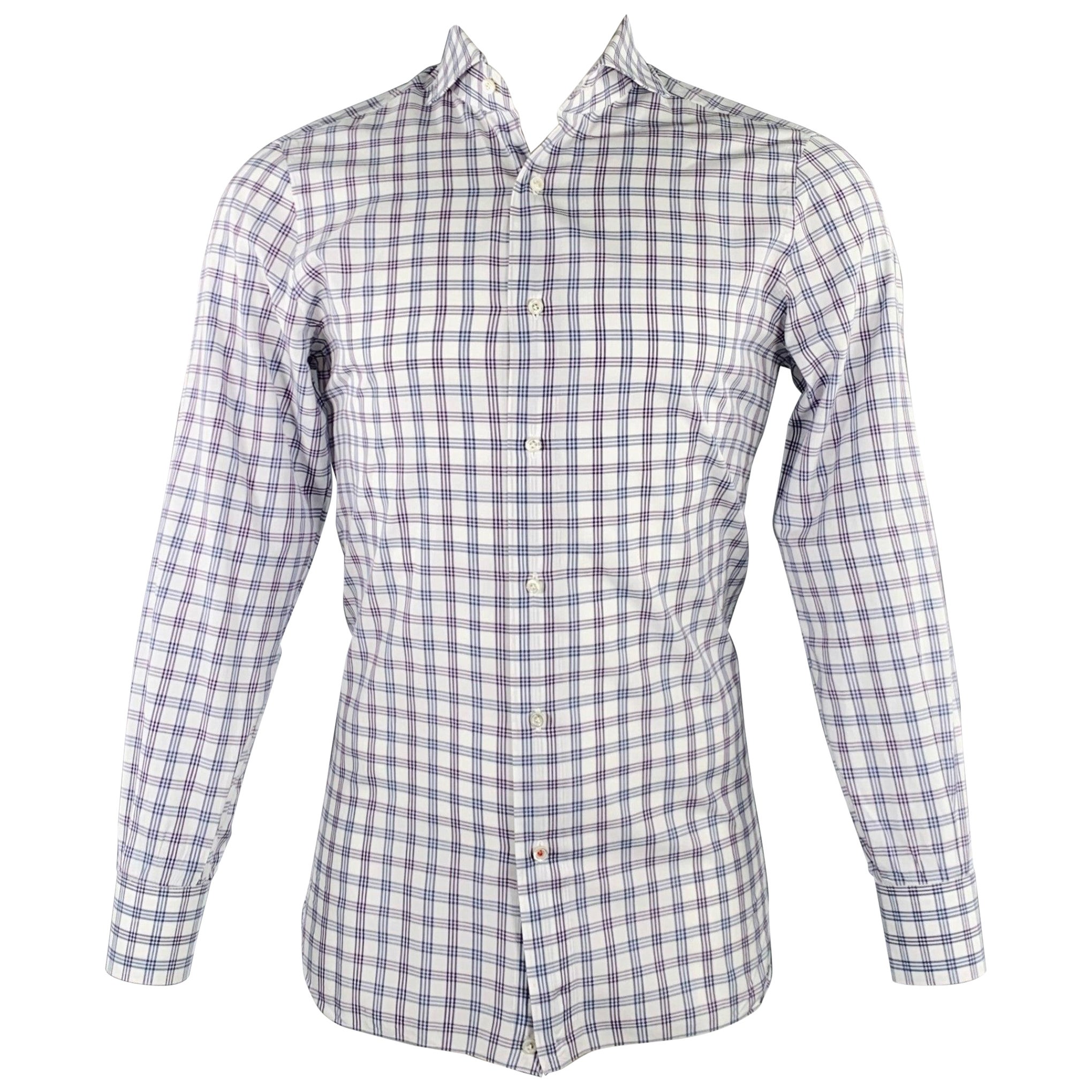 ISAIA Size M White Grey Purple Plaid Cotton Spread Collar Long Sleeve Shirt For Sale