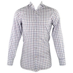 ISAIA Size M White Grey Purple Plaid Cotton Spread Collar Long Sleeve Shirt