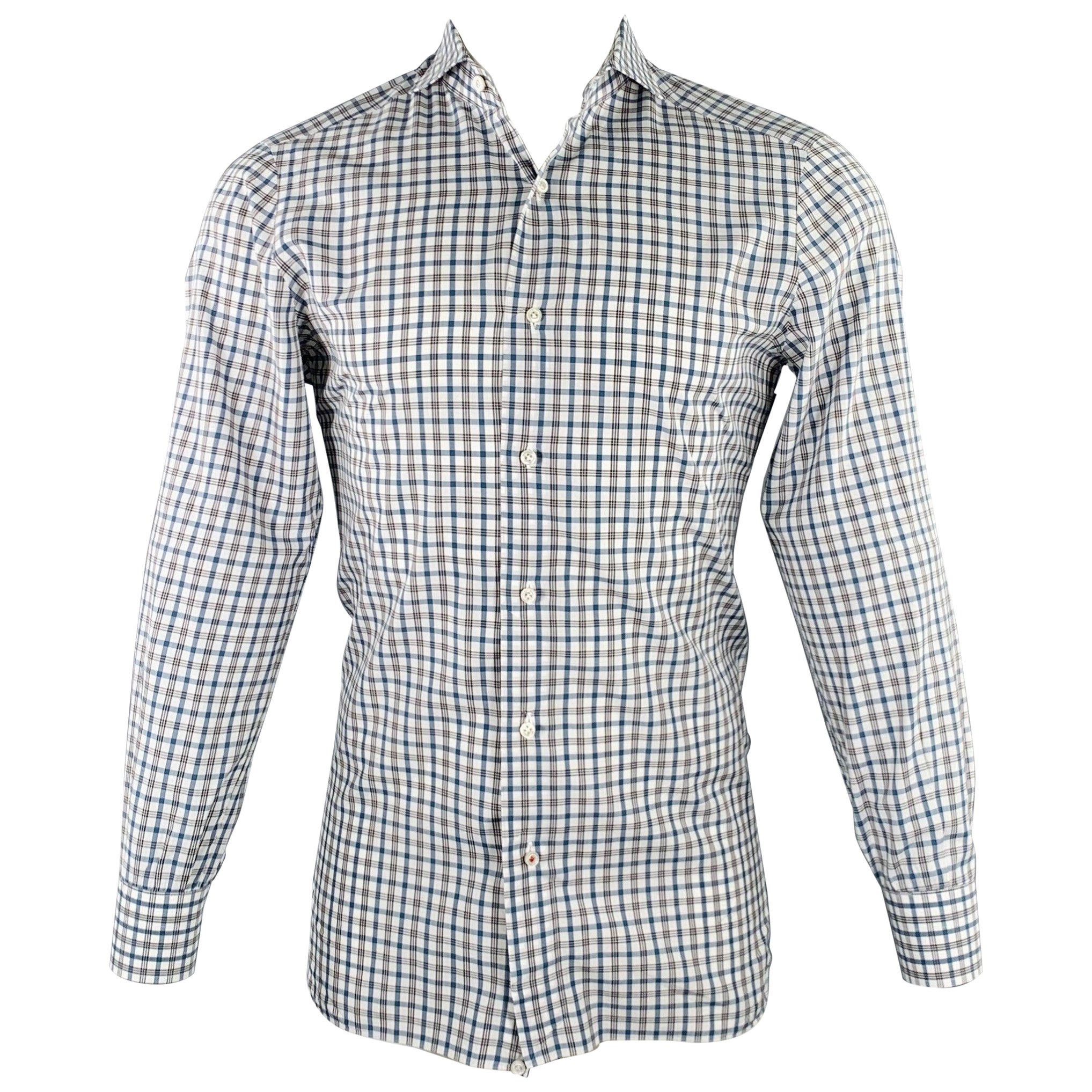 ISAIA Size M White Green Plaid Cotton Spread Collar Long Sleeve Shirt For Sale