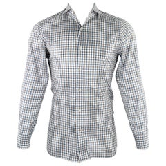 ISAIA Size M White Green Plaid Cotton Spread Collar Long Sleeve Shirt