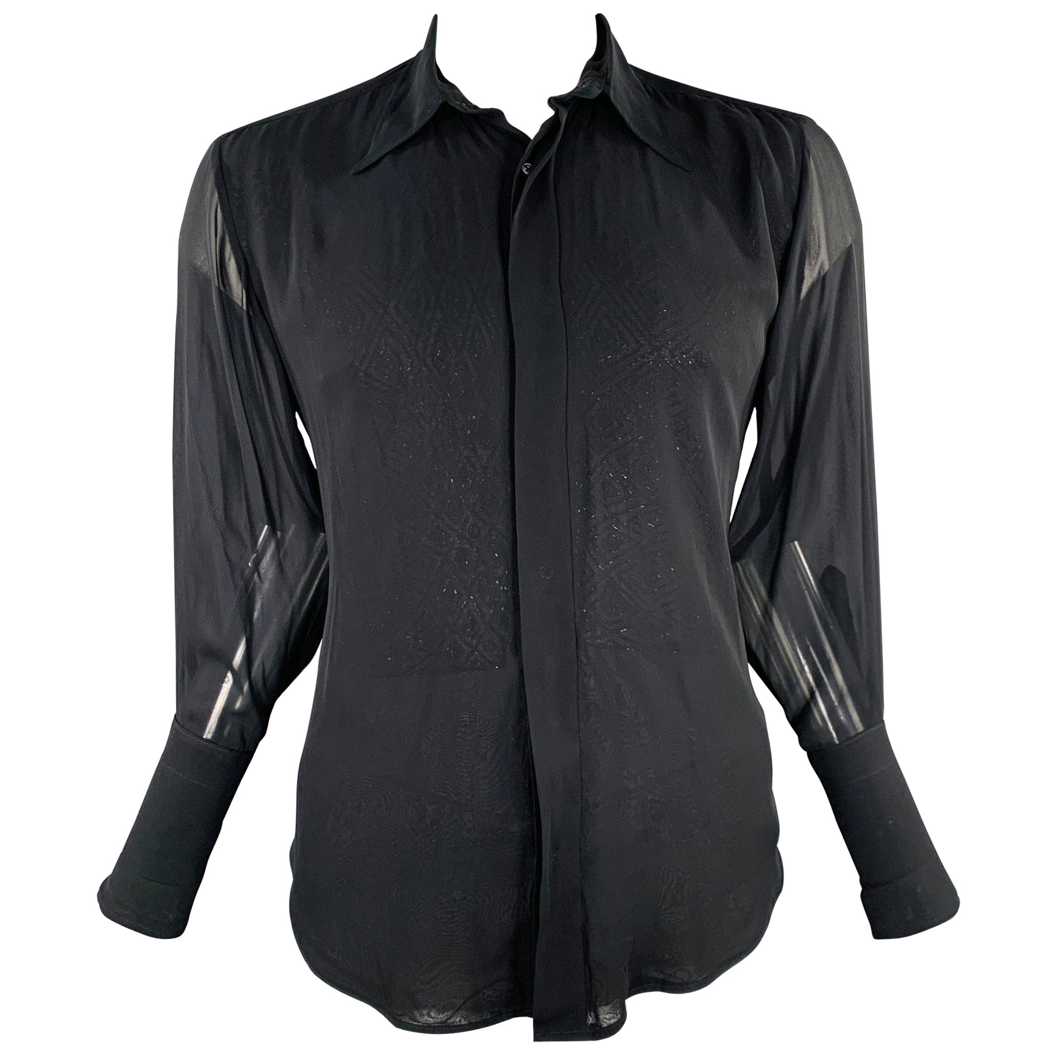 VALENTINO Size L Black Beaded Silk Blend Long Sleeve Shirt For Sale