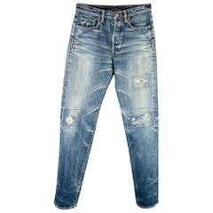 KAPITAL Size 29 Blue Distressed Cotton Straight Five Pockets Jeans